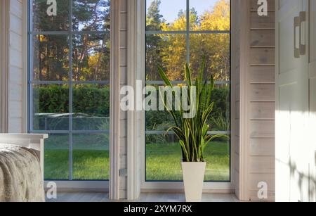 Interni luminosi della camera in una casa di legno con una grande finestra che si affaccia sul cortile autunnale. Paesaggio autunnale dorato con finestra bianca. Home e. Foto Stock