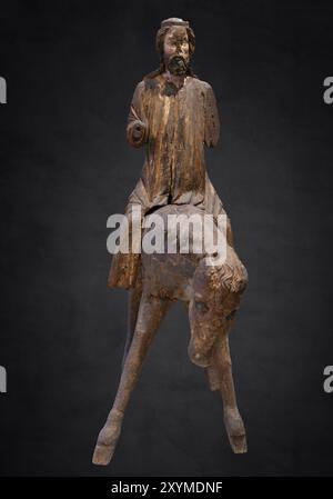 Asino di palma, figura in legno del 1350 circa, su sfondo scuro, Museo Diocesano, Rottenburg, Baden-Wuerttemberg, Germania, Europa Foto Stock