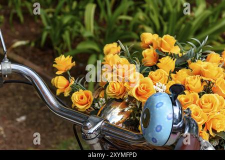 Vecchia bicicletta parcheggiata nel parco con giallo fiori artificiali nel tuo carrello Foto Stock