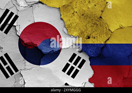 Bandiera della Corea del Sud e della Colombia dipinta su un muro incrinato Foto Stock