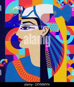L'antica regina egiziana reinventata in vibrante arte geometrica con elementi tecnologici moderni Foto Stock