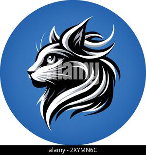 Logo astratto Flame Angry Cat Head jpg in Blue Circle Bold ed elegante design vettoriale per Branding Mascots icone eps straordinario animale bianco e nero Illustrazione Vettoriale