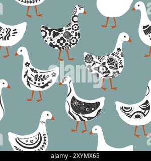 Simpatico disegno astratto delle oche dei cartoni animati senza cuciture. Doodle Patterned Goose Collection. Stile rustico, vivaio, folk o scandinavo. Vettore Illustrazione Vettoriale