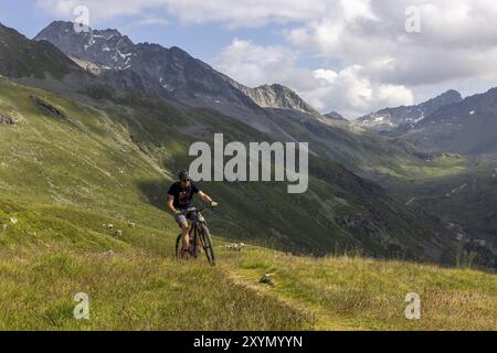 Mountain bike su pista ciclabile, alle spalle del passo Flueela, Pischa, Graubuenden, Schwezi Foto Stock