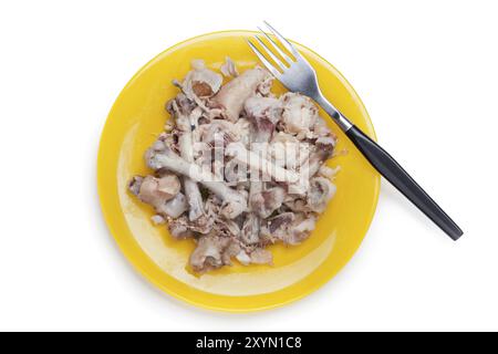 Gli avanzi alimentari, le ossa di carne di pollo si accumulano sul piatto isolato di colore bianco Foto Stock
