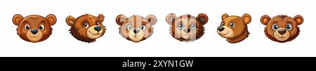 Set di facce marroni di orso con grandi occhi e sorrisi, isolate su uno sfondo bianco. Belle teste di peluche. Concetto di giocattoli per bambini, infanzia, divertimento, gam Illustrazione Vettoriale