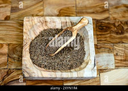 Carvi comune (Carum carvi), semi di carvi su un piatto con una paletta di legno Foto Stock