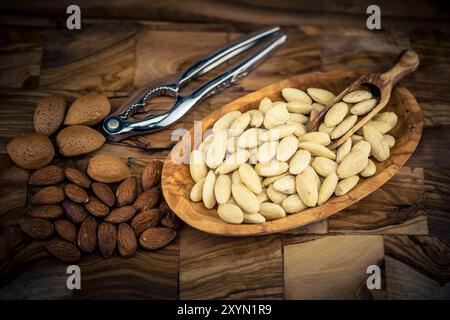 Mandorle (Prunus dulcis, Prunus amygdalus, Amygdalus communis, Amygdalus dulcis), mandorle, con guscio, incrinato e scottato su un piatto, schiaccianoci Foto Stock