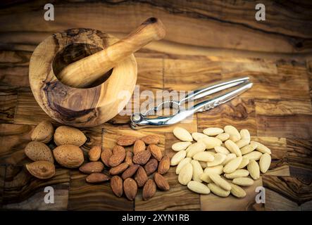 Mandorle (Prunus dulcis, Prunus amygdalus, Amygdalus communis, Amygdalus dulcis), mandorle, con guscio, incrinato e scottato, con malta e schiaccianoci Foto Stock