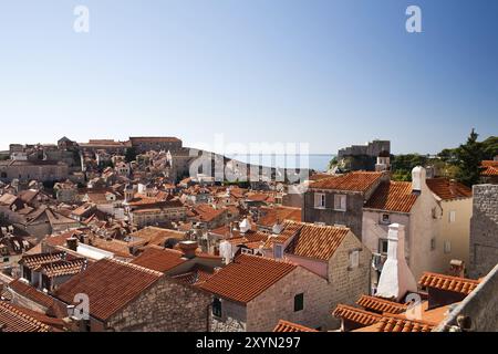 Vista in elevazione della città dalle mura della città, Dubrovnik, Dalmazia, Croazia, Europa Foto Stock