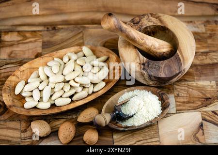 Mandorle (Prunus dulcis, Prunus amygdalus, Amygdalus communis, Amygdalus dulcis), mandorle, con guscio, incrinato, sbiancato e macinato, con malta Foto Stock