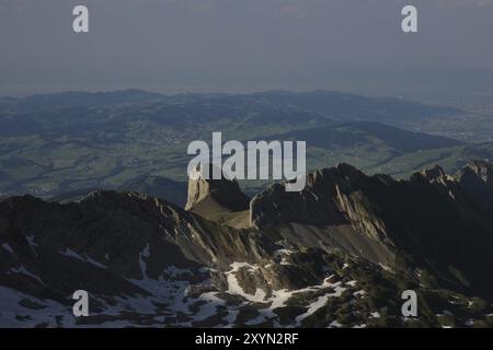 Vista dal Monte Santis, Appenzell Canton. Ohrli e colline Foto Stock