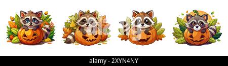 Set di carini procioni seduti all'interno delle zucche intagliate con foglie autunnali intorno. Concetto di Halloween, stagione autunnale, animali boschivi, illustrazioni festive Illustrazione Vettoriale