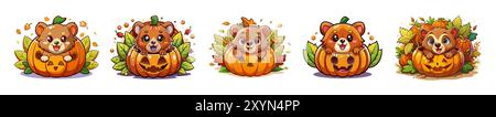 Set di orsi carini all'interno delle zucche circondati da foglie autunnali isolate su sfondo bianco. Concetto di Halloween, autunno, mascotte, illustrazione per bambini Illustrazione Vettoriale