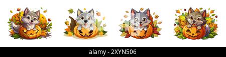 Set di simpatici cuccioli di lupo in un ambiente a tema Halloween con zucche intagliate e foglie autunnali. Concetto di arte animale festiva, illustrazione stagionale e Illustrazione Vettoriale