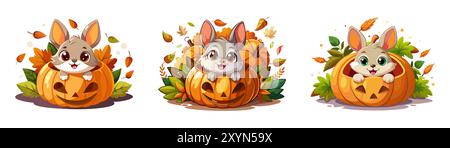 Set di simpatici coniglietti che spuntano dalle zucche intagliate, circondati da foglie autunnali. Concetto di Halloween, la stagione autunnale, illustrazioni festive e ado Illustrazione Vettoriale