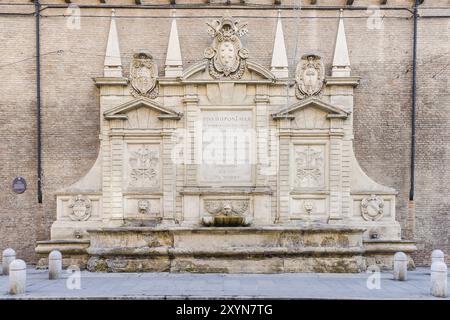 Fontana monumentale in pietra nel centro storico di Bologna, Italia, chiamata Fontana Vecchia, Europa Foto Stock