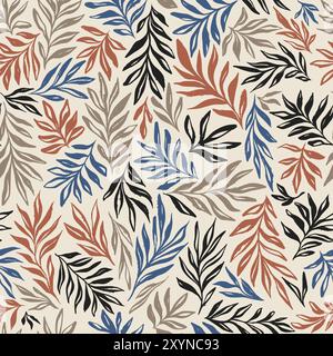 Estetico beige e nero Tropical Flowing Leaves Vector Exotic Seamless Pattern Repeat per Wallpaper, Fabric Textile Design. Inky Grunge disegnato a mano Illustrazione Vettoriale