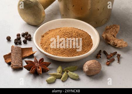 Un mucchio di tradizionali erbe di caffè macinate piccanti ed erbe secche intorno a primo piano e mortaio e pestello sullo sfondo Foto Stock