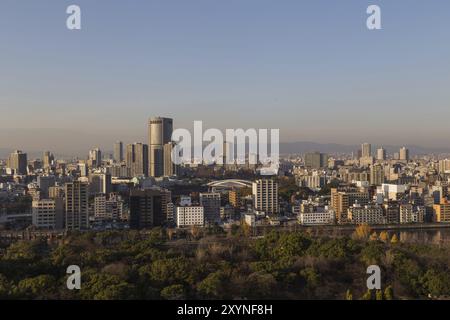 Osaka, Giappone, 10 dicembre 2014: Fotografia dello skyline di Osaka presa dal castello, Asia Foto Stock