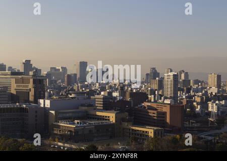 Osaka, Giappone, 10 dicembre 2014: Fotografia dello skyline di Osaka presa dal castello, Asia Foto Stock