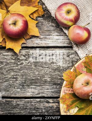 Cornice autunnale di mele e foglie su un vecchio tavolo di legno. Concetto del giorno del Ringraziamento Foto Stock