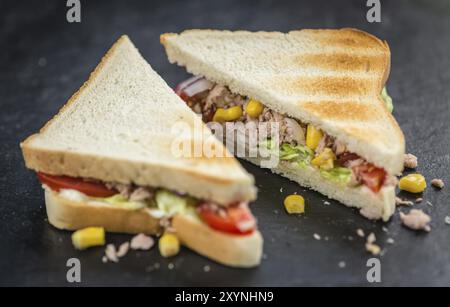 Lastra di ardesia con panino tonno appena fatto (messa a fuoco selettiva, primo piano) Foto Stock