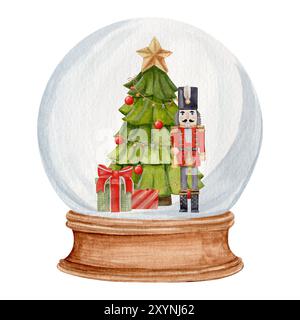 Composizione acquerello di un globo di neve con un albero di Natale decorato, regali e schiaccianoci all'interno. Illusione disegnata a mano Foto Stock