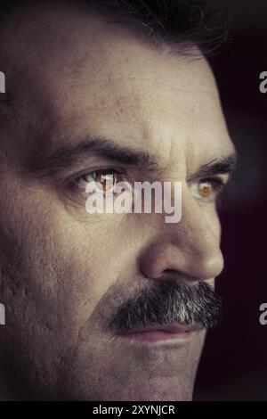 Un uomo dai capelli neri con una barba leggermente grigia Foto Stock