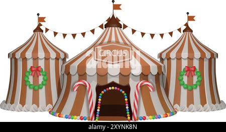 circo di pan di zenzero 3d isolato. circo di natale con caramelle e biscotti Illustrazione Vettoriale