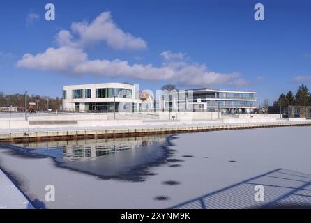 Senftenberg Harbour Winter, Senftenberg Harbour in Winter, Brandenburg in Germania Foto Stock