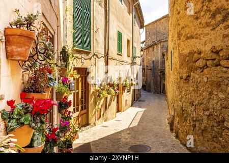 Una vista del passaggio soleggiato interno di porte decorate e vecchio piano a valldemossa, Maiorca, Spagna, Europa Foto Stock