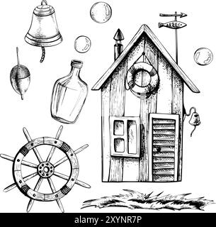 Capanna dei pescatori a strisce, in legno con ruota della nave, galleggiante da pesca, bottiglia di rum, campana della nave, erba e bolle. Grafica lineare, disegnata a mano in nero Illustrazione Vettoriale