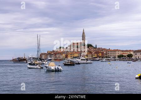 Vista della pittoresca e storica città vecchia di Rovigno con i suoi edifici sul lungomare e le barche ormeggiate nel porto di Rovigno, Croazia, Europa Foto Stock