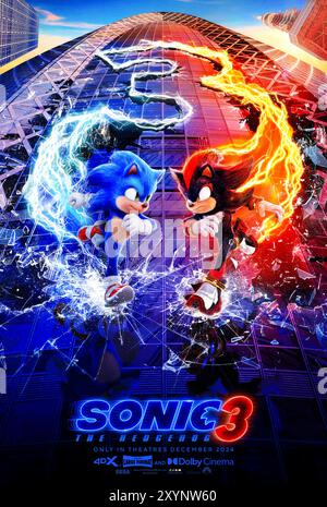 Sonic the Hedgehog 3 (2024) diretto da Jeff Fowler e interpretato da Ben Schwartz, Colleen o'Shaughnessey e Idris Elba. Sonic, Knuckles e Tails si riuniscono contro un nuovo potente avversario, Shadow, un misterioso criminale con poteri diversi da quelli che hanno affrontato prima. Poster US Advance ***SOLO PER USO EDITORIALE***. Credito: Immagini BFA/Paramount Foto Stock