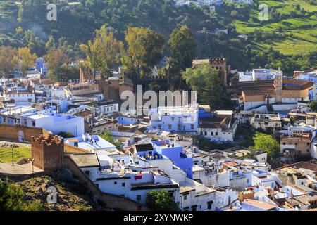 Vista aerea di antiche kasbah a chefchaouen, Marocco Foto Stock