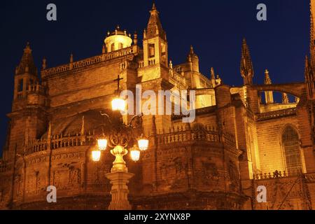 Dettaglio della cattedrale gotica e barocca di Siviglia in Spagna di notte Foto Stock