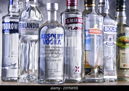 Bottiglie di diversi marchi globali di vodka Foto Stock