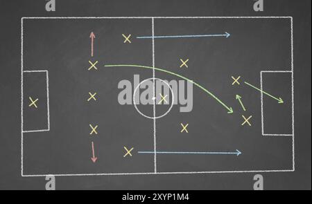 Strategia di gioco del calcio disegnata con il gesso su una lavagna Foto Stock