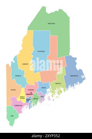 Maine, stato degli Stati Uniti, suddiviso in 16 contee, mappa politica multicolore con la capitale Augusta, i confini e i nomi delle contee. Foto Stock