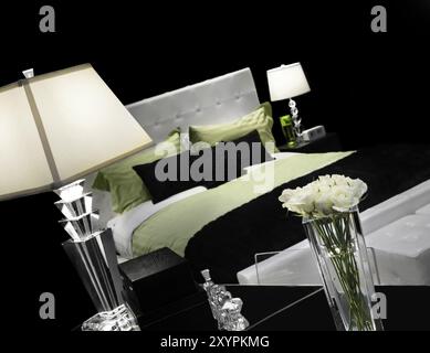 Elegante camera da letto interior design in bianco e nero i colori verde isolato su sfondo nero Foto Stock