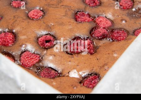Un vassoio appena sfornato di lamponi in brownie di cioccolato A trey di lamponi appena sfornati in brownie al cioccolato Foto Stock