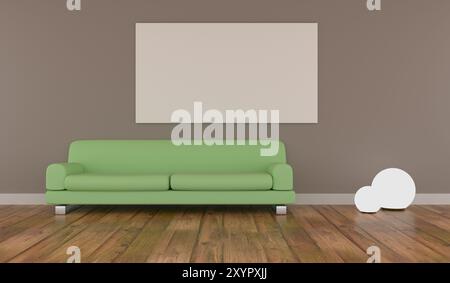 Mock up poster in un soggiorno con pavimento in legno, rendering 3D Foto Stock