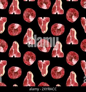 Motivo senza cuciture acquerello. Cucinare gli ingredienti. Carne sulle ossa, bistecche, costolette di manzo, tutti gli oggetti sono disegnati a mano con acquerello. Per la stampa Foto Stock