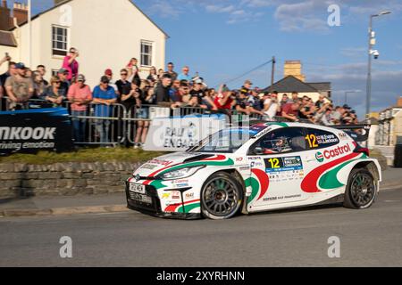 Aberystwyth, Dyfed, Regno Unito. 30 agosto 2024. 2024 FIA European Rally Championship Day 1; il pilota Meirion Evans e il co-pilota Jonathan Jackson nella loro Toyota GR Yaris affrontano le fasi 1 e 2 del rally di Aberystwyth Credit: Action Plus Sports/Alamy Live News Foto Stock