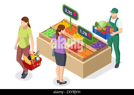 Vendita online di frutta e verdura. Isometric Farmer vende frutta fresca e verdure. Prodotti freschi naturali. Venditore e concetto di marketing. Agricoltore Illustrazione Vettoriale