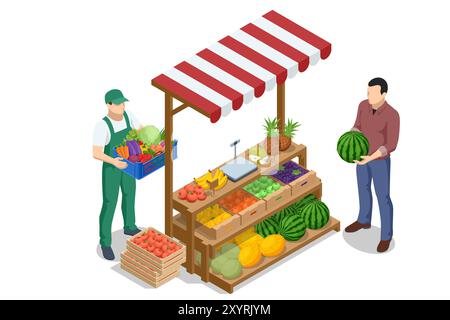 Vendita online di frutta e verdura. Isometric Farmer vende frutta fresca e verdure. Prodotti freschi naturali. Venditore e concetto di marketing. Agricoltore Illustrazione Vettoriale