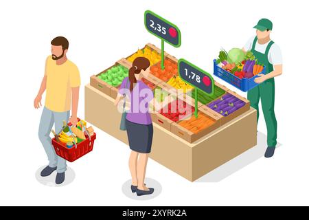 Vendita online di frutta e verdura. Isometric Farmer vende frutta fresca e verdure. Prodotti freschi naturali. Venditore e concetto di marketing. Agricoltore Illustrazione Vettoriale