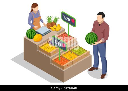 Vendita online di frutta e verdura. Isometric Farmer vende frutta fresca e verdure. Prodotti freschi naturali. Venditore e concetto di marketing. Agricoltore Illustrazione Vettoriale