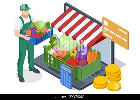 Vendita online di frutta e verdura. Isometric Farmer vende frutta fresca e verdure. Prodotti freschi naturali. Venditore e concetto di marketing. Agricoltore Illustrazione Vettoriale